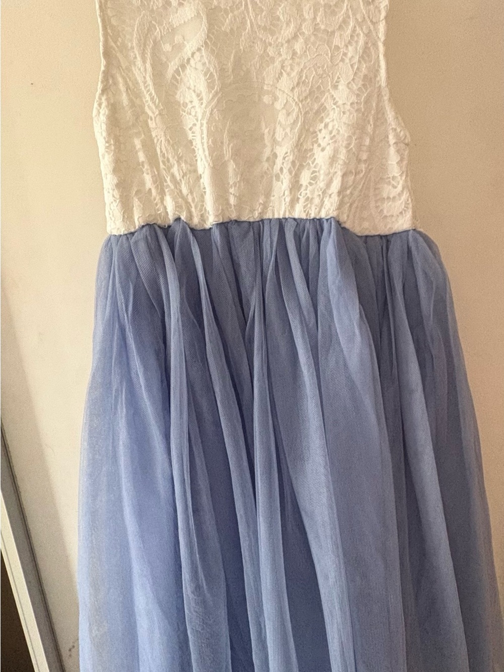 Girls White Lace Bodice with Light Blue Tulle Skirt Formal Dress